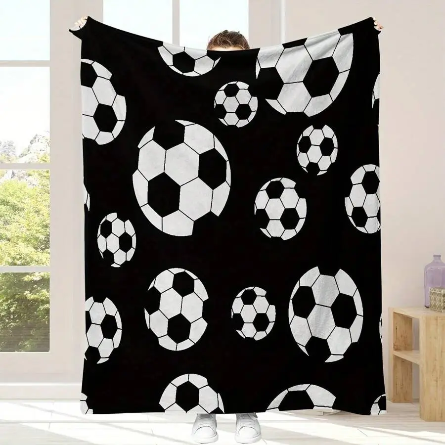 Traditional Crochet Flannel Throw - Black & White Geometric Soccer Ball Print, Wrinkle Resistant, Fading Resistance, Durable, All Seasons Warmth, Multi-Size Customizable, Machine Washable, Football Fans' Gift for Couch (Ships From USA), Living Room Decor,