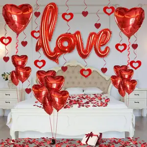 Valentines Day Party Decorations Set - 36 Inch Love Foil Balloon, 2pcs 18inch Foil Heart Balloon, 18pcs 10inch Heart Balloons and 1000 Pcs Rose Petals for Valentines Anniversary Bedroom Decorations