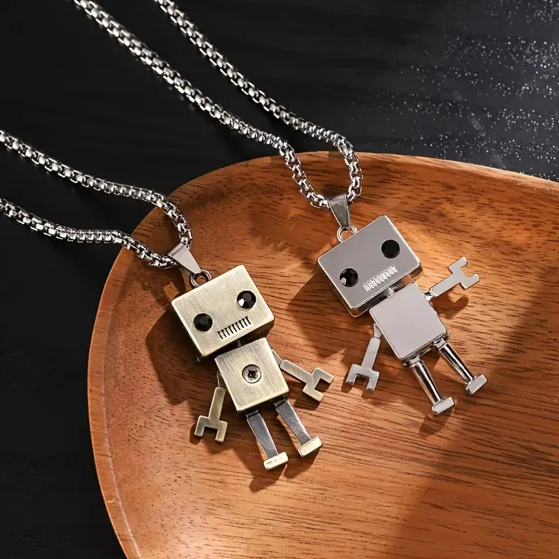 Cute Robot Pendant Necklace Cartoon Toy Figure Charm Movable Arms Legs Geek Gamer Streetwear Chain Necklace for Men Women Teens Unisex Fun Tech Jewelry Gift for Birthday Christmas Back to School Trendy Statement Accessory