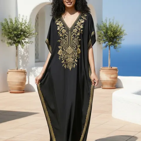 Arabic Clothing-Ethnic Pattern Embroidery Batwing Sleeve Split Hem Kaftan Dress, Modest V Neck Half Sleeve Long Dress for Summer, Women's Clothing for Vacation Holiday Beach Wear