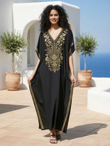 arabic clothing-ethnic pattern embroidery batwing sleeve split hem kaftan dress, chic modesty v neck dress for summer, women's clothing for vacation holiday beach wear, moo moo dresses, vacation dresses, maxi caftan