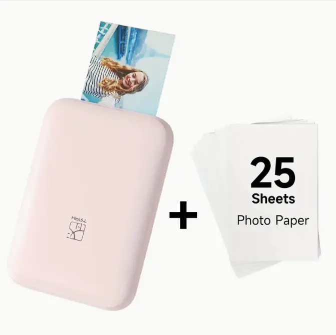 HPRT Pink Mini Wireless Inkless Color Photo Printer - A pocket-sized wireless inkless printer for smartphones, featuring 25 2x3-inch Zink peelable stickers, Bluetooth support, compatible with iOS and Android systems, affordable, perfect for influencers