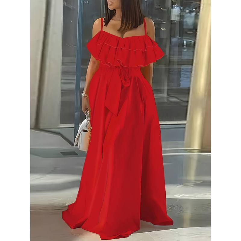 Ruffle Trim Sleeveless Cami Dress, Tie-waist Strap Maxi Length Dress, Women's Clothing Elegant Loose Midi Flowery Backless Mini white  dress  girl shein body con summer  outfits prom chain decor Renaissance Lace-Up drop  waist  gown