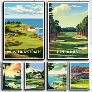 Set of Abstract Golf Course, Nordic Minimalist Sport Travel Landscape Poster,Wall Art Pictures, Home Studio Decor, Gift Artistic Ornaments