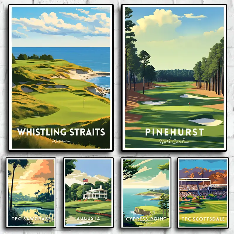 Set of Abstract Golf Course, Nordic Minimalist Sport Travel Landscape Poster,Wall Art Pictures, Home Studio Decor, Gift Artistic Ornaments