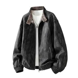 Men's Black Distressed Faux Leather Jacket with Plaid Collar, Retro Streetwear Zipper Pocket Bomber Coat
