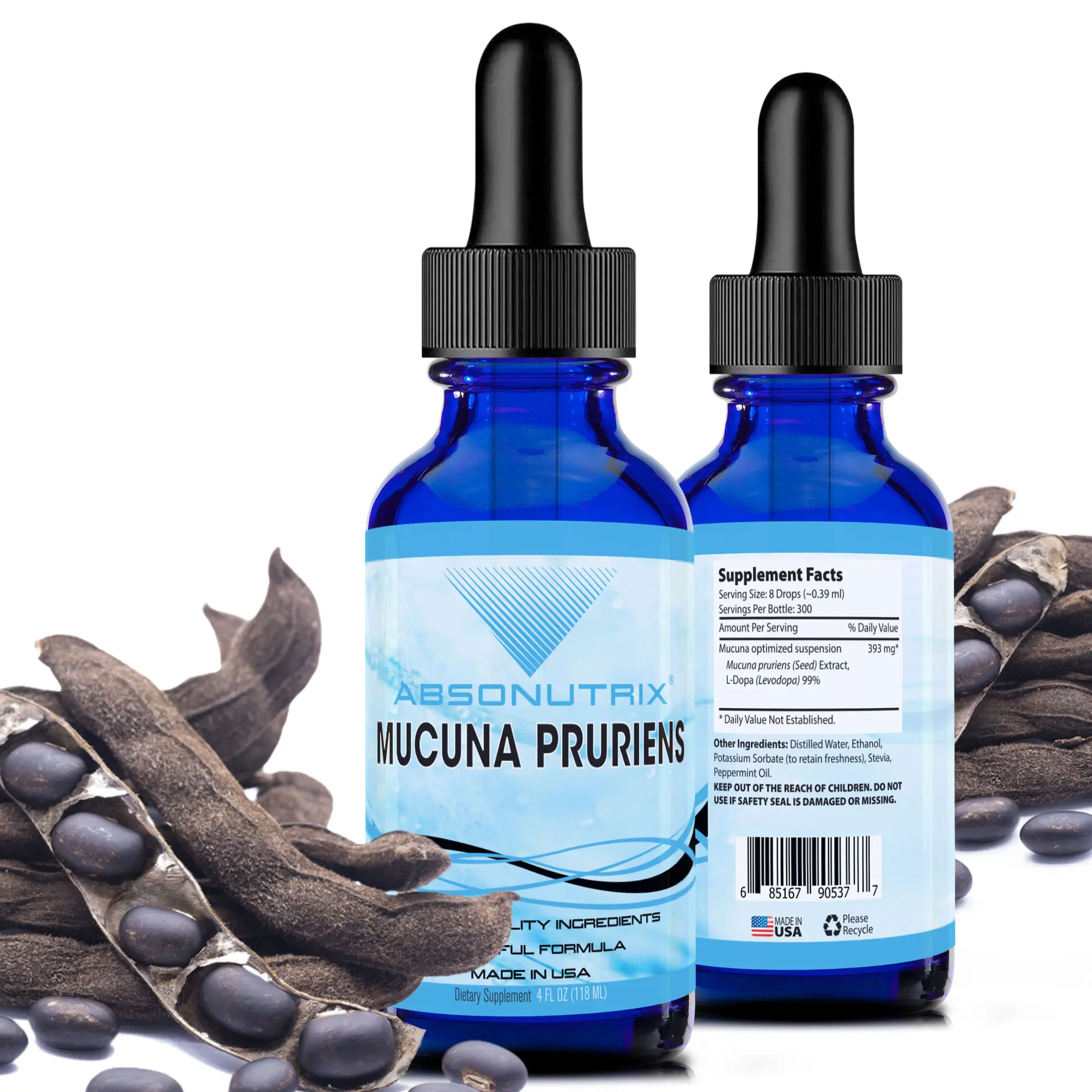 Absonutrix Mucuna Pruriens Dietary Liquid Herbal Supplement - 393mg, 4 Oz, 300 Servings, High Potency, Absorbable, Brain Boost, Made in USA, Non-GMO, GMP Certified, Cruelty-Free, Premium-Grade Nutrition
