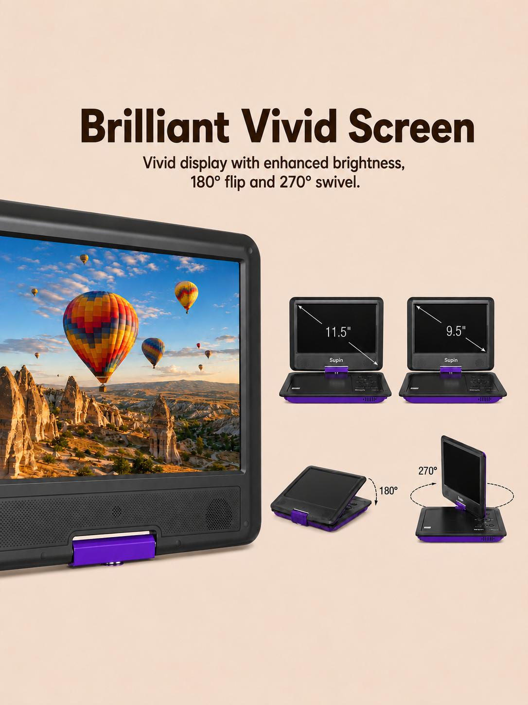 [SUNPIN] Portable DVD Player (11.5in, 9.5in Swivel LCD Display) with Anti-Skip Play, 5-Hour Battery, Remote Control with Buttons, Dual Earphone Jacks, Stereo Audio, Multi-Format CD Player, Type-C Plug, USB/TF Card Support for Car, Kids, Video Player, Mult