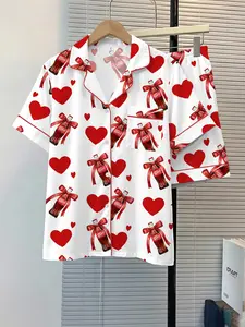 Women's Sleepwear Pajama 2-Piece Set, Heart Coca-Cola Pattern, Comfortable Night Home Wear, Fashion Soft Fabric, Casual Daily Use, Lady Fitted
