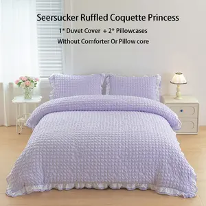 3-Piece Seersucker Ruffled Coquette Dreamy Princess Bedding French Style Plaid Bedding Set, Soft Breathable Fiber, Includes 1 Duvet Cover & 2 Pillowcases（Without Comforter Or Pillow core）, Zipper Closure, All Seasons