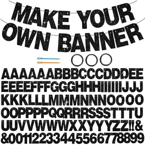 116 PCS A-Z Glitter Black DIY Letter Banner Kit Make Your Own Banner，Including 111 Letters and Numbers 3 Rope and 2 Threading Device,Customized for Birthday Graduation Wedding Party Decor