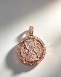 M2-2174Out Hourglass Gear Hip Hop Pendant | Rose Gold Bling Time Theme Charm Fit Cuban Link Chain