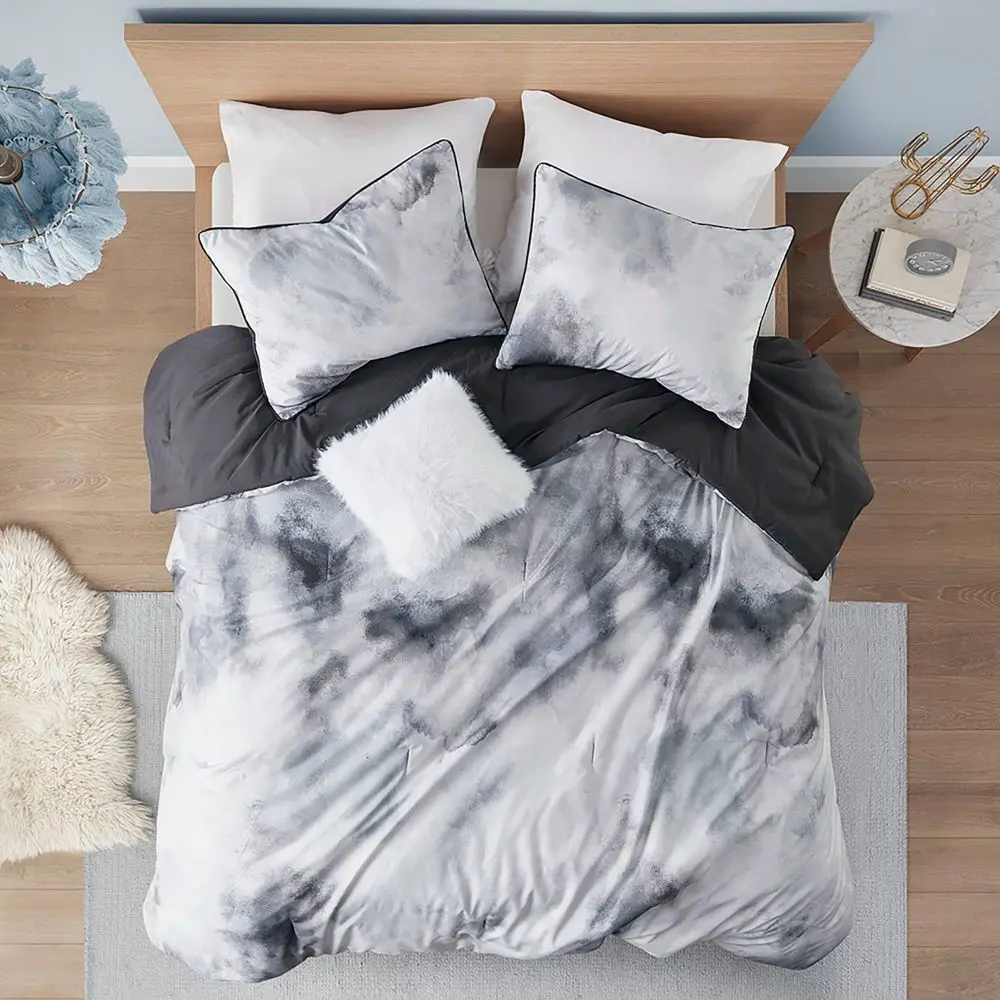 Intelligent Design Twin/Twin Extra Long Lisa Watercolor Tie Dye Print Microfiber Comforter Set with Throw Pillow Charcoal Gray: Hypoallergenic