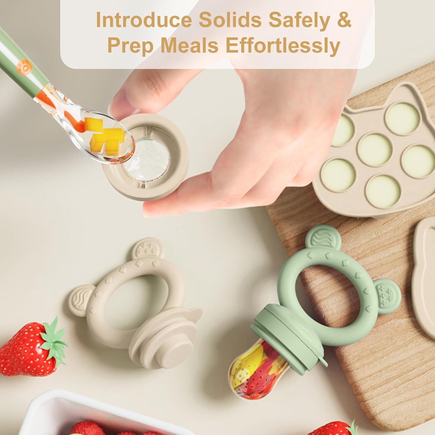 Silicone Baby Fruit Feeder & Breastmilk Popsicle Mold Set (4-Pack) - Freezer Tray, Teething Pacifier Feeder, Teether for Infants - Beige & Green