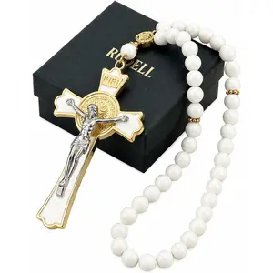 Catholic Car Rosary for Rearview Mirror, White 50-Bead Rosary with Saint Benedict Cross, Cross for Car Mirror Hanging, Prayer Rosary for Car, Christian Gift for Catholics