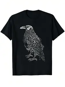 7.5oz Unisex T-Shirt, Celtic Raven Pattern, Gothic Viking Style Print, Casual Streetwear, Loose-Fit, All Seasons