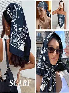 Navy Blue White Bandana Print Square Scarf - Boho Floral & Lantern Pattern Satin Bandana for Women, Versatile Hair Wrap/Neck Scarf/Bag Accessory, Ideal for Festival & Holiday Party Fashion