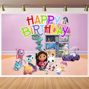 Cartoon Anime Gabby Dollhouse Happy Birthday Banner Backdrop Party Photography Background Poster Wall Art Outdoor Home Decor Party Supplies