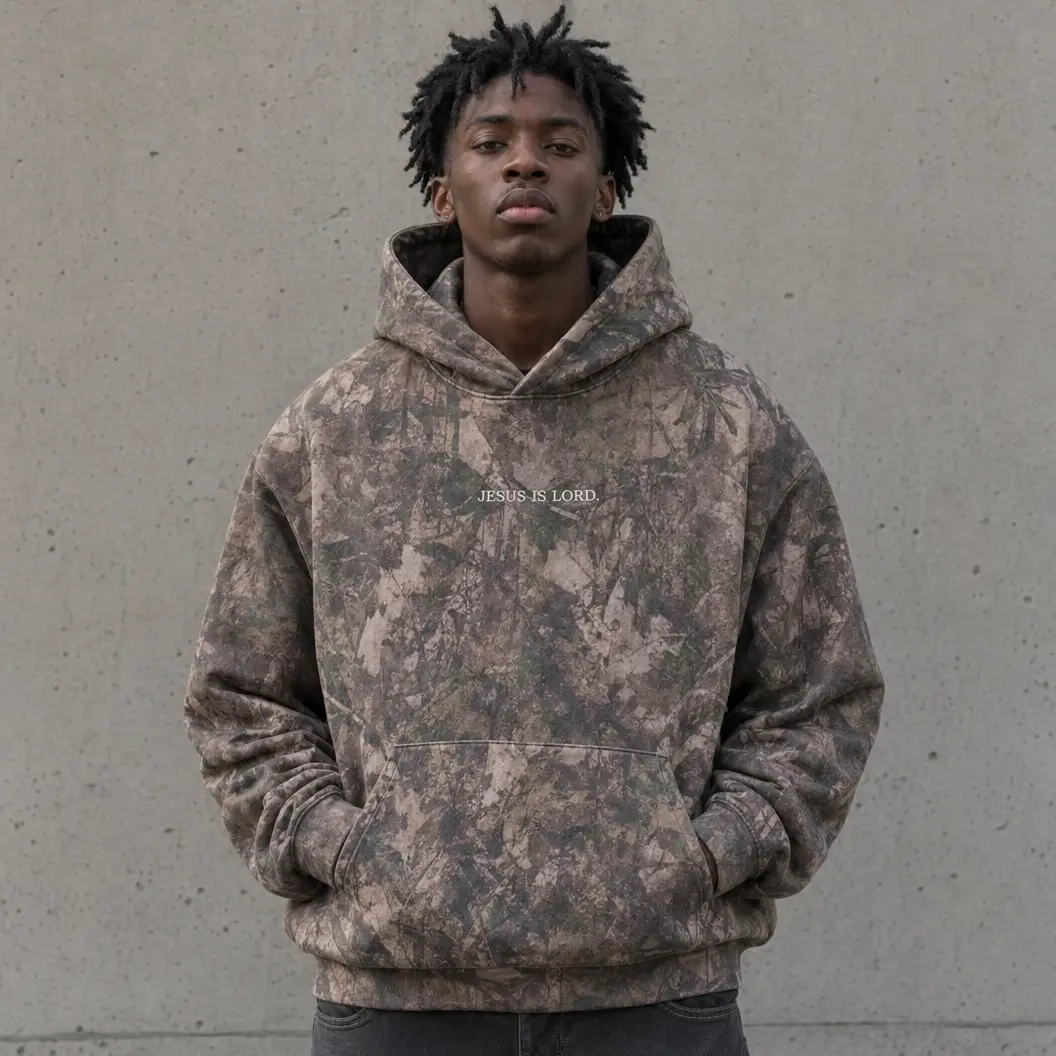 Men's Camo Hoodie - "Jesus Is Lord" Graphic Design Sweatshirt for Casual Wear Cotton Menswear