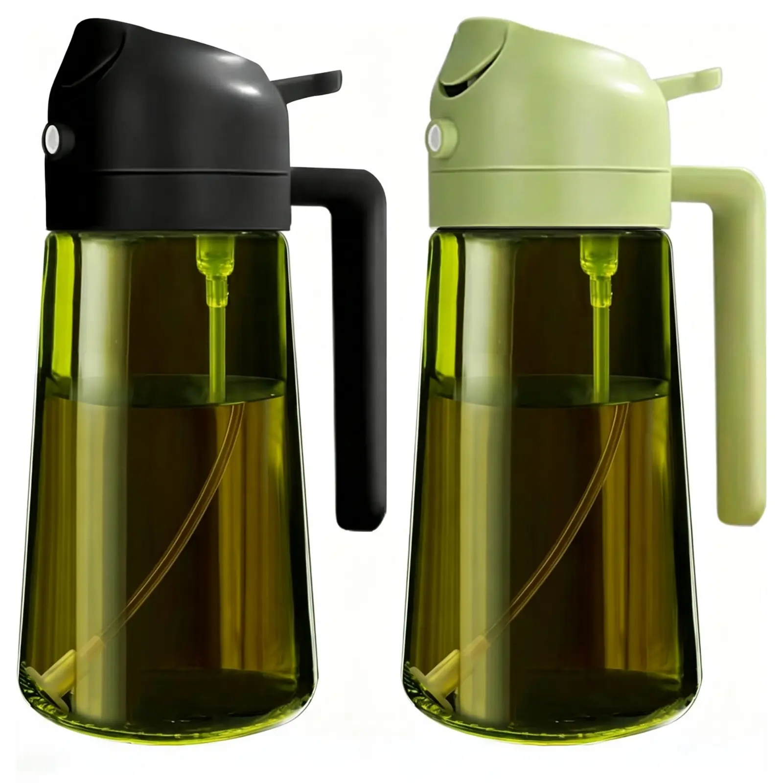 16oz Oil Sprayer & Dispenser Bottles (2-Pack, Spray&Pour) - Olive Green Plastic Kitchen Utensils for Fresh Oil Preservation, Air Fryer Use