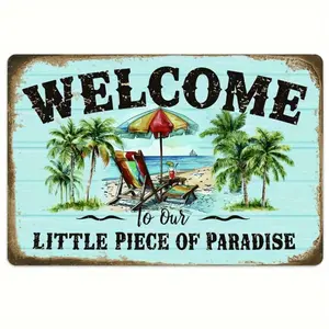 2D Flat Print, 1pc "Welcome to Our Little Paradise" Wooden Wall Sign - Vintage Beach and Palm Tree Decor, Rustic Wood Plaque for Home, Bedroom, or Farmhouse Wall Art - 1pc, Tropical Home Decor | Rustic Style Decor