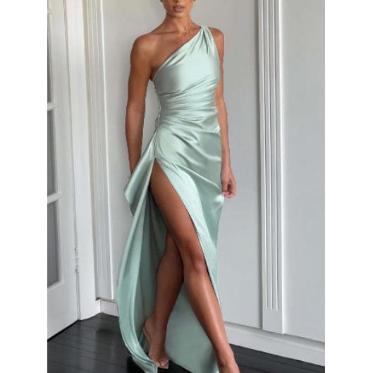 Sexy One-shoulder Backless Slit Dress Summer Elegant Slim-fit Solid Color Satin Dresses For Women