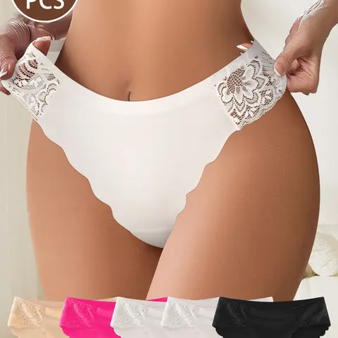 QUASTI 5-Piece Mid-Waist Elegant Breathable Lace Women's Panties, Lightweight, Soft and Seamless, High-Elasticity Full-Coverage Hip Triangle Panties, Sizes S-XXL