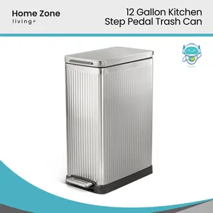 Home Zone Living 12 Gallon Slim Kitchen Trash Can with Step Pedal, Soft-Close Lid and Reeded Stainless Steel Body, Silver
