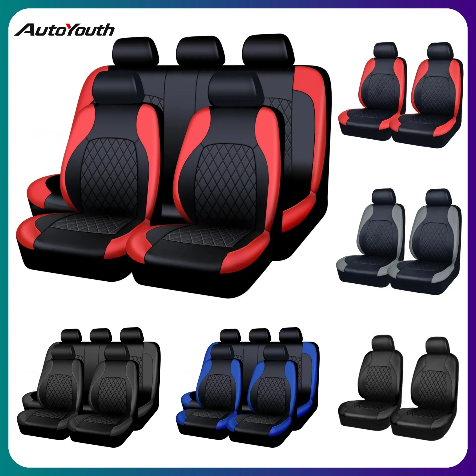 PU Leather Car Seat Covers for 2/5 Seats, Universal Fit Waterproof Car Seat Protectors, Fits Most Auto Truck Van SUV, Airbag Compatible, Protects Against Spills & Scratches, Car Interior Kit, Truck Car Accessories, Black Red Gray Front & Rear Covers