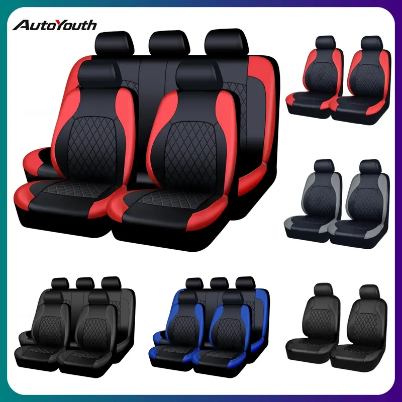 AutoYouth PU Leather Car Seat Covers Set, 2/5 Seats Universal Fit Waterproof Protectors for Most Auto Truck Van SUV, Airbag Compatible, Scratch Resistant & Spill Proof, Black Red Front & Rear Car Interior Accessories Gift, Truck Accessories