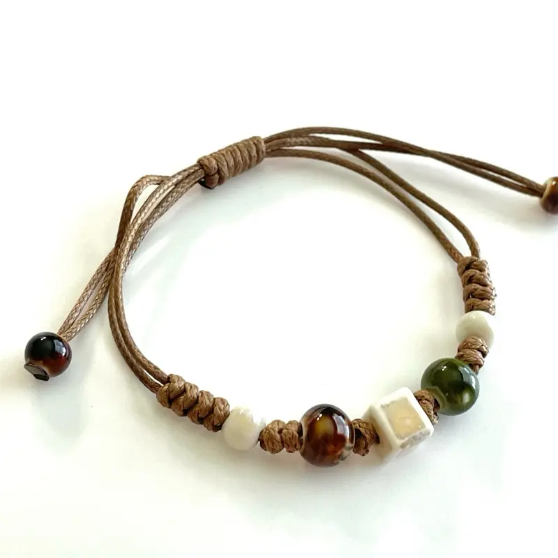 Ivory Bracelet Beaded Macrame Green Brown Bohemian Tan Cord Ceramic with Beads and Ceramic Elements