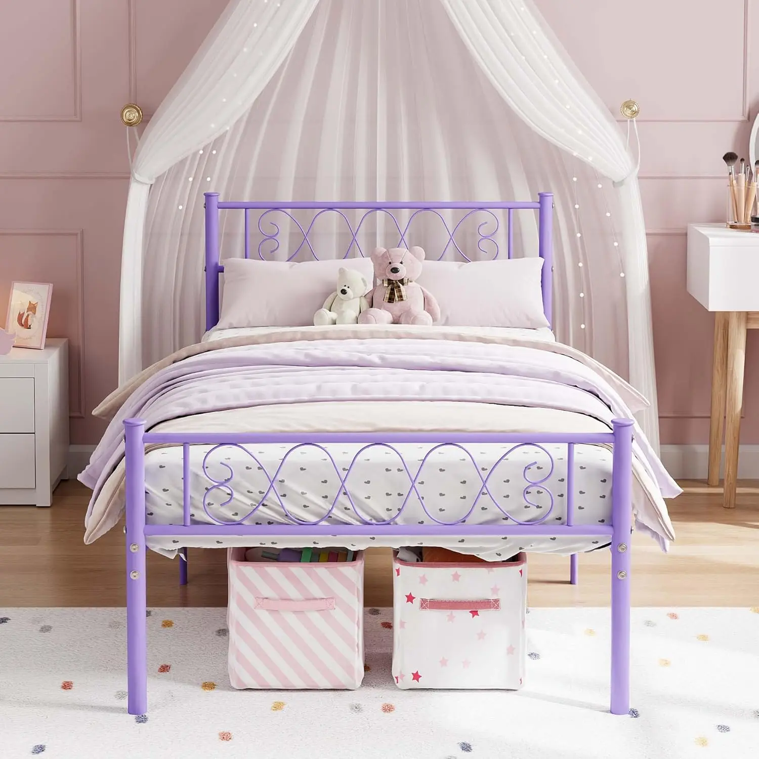 【Christmas Gift】Twin Size Metal Bed Frame with Heart Headboard and Footboard 12.2in Underbed Storage Purple