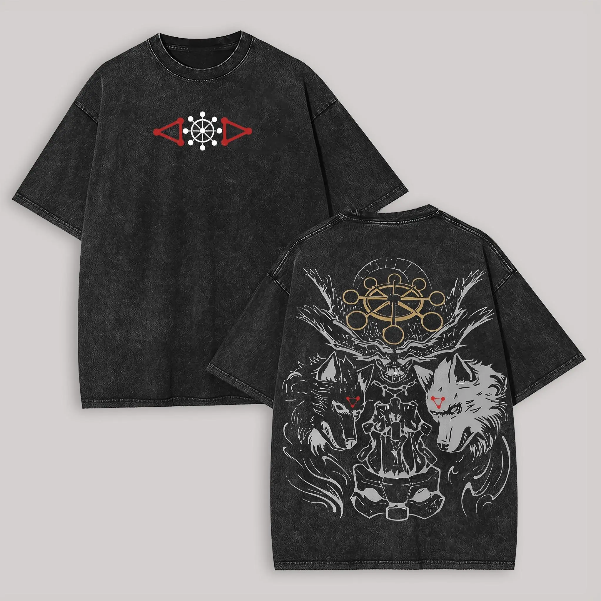 Men's Jujutsu Kaisen Mahoraga Printed Vintage Distressed Round Neck Short-Sleeve Tshirt, Casual Unisex Washed Streetwear with Comfortable Fit for Everyday Wear
