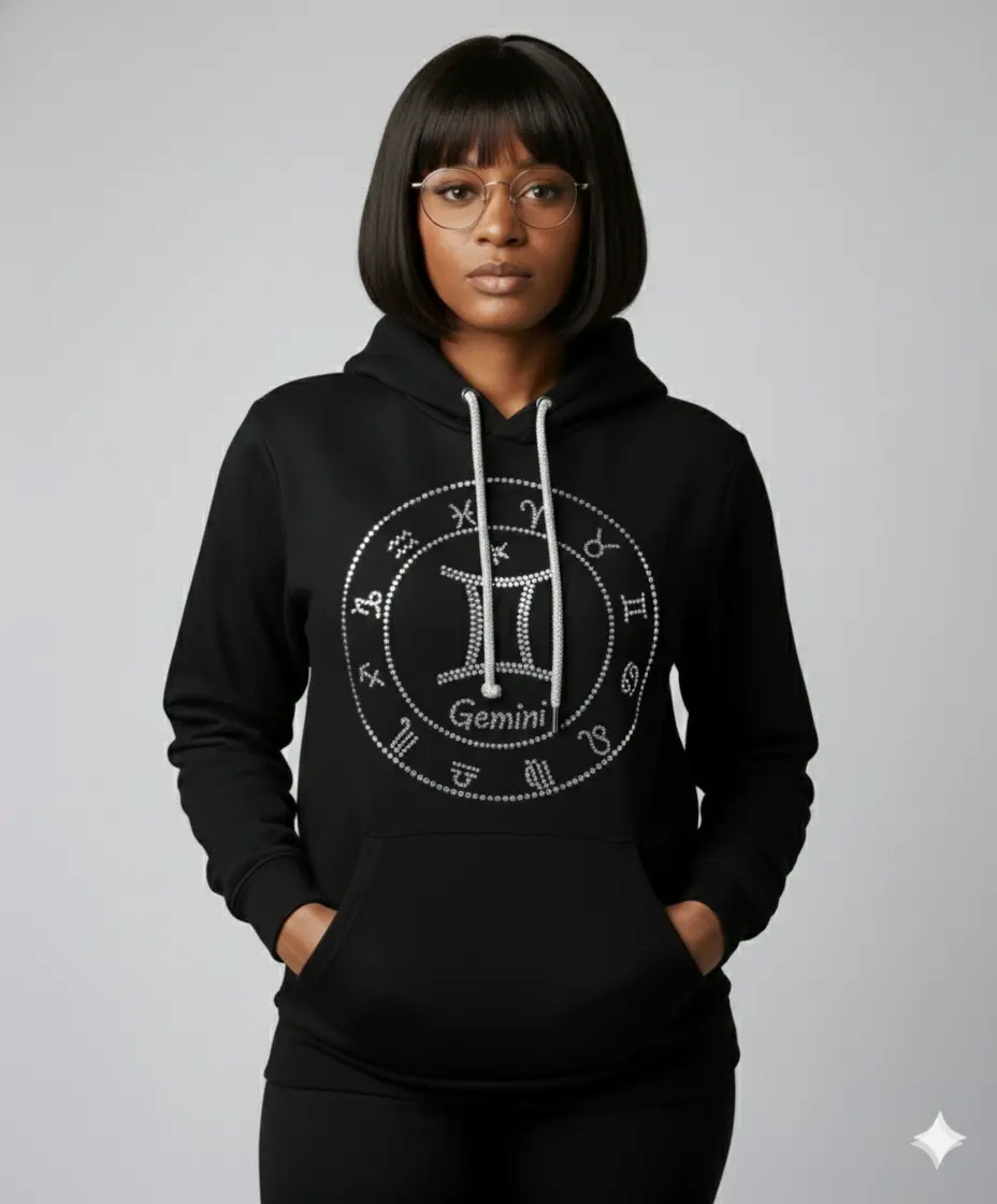 Gemini Rhinestone Zodiac Hoodie Unisex Bling Astrology Pullover