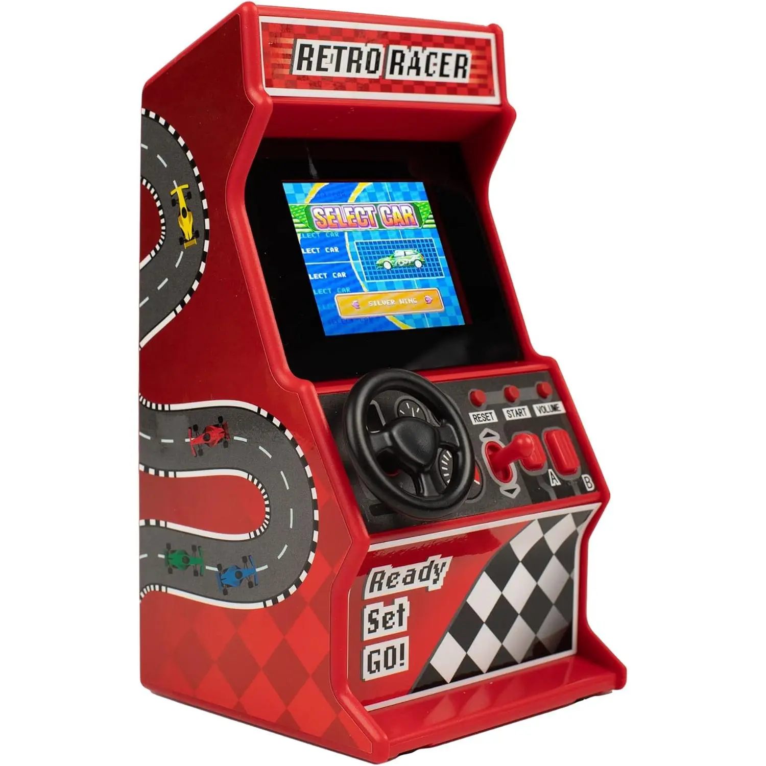 Mini Arcade Racing Machine: Handheld Console with 30 Pre-Loaded 8-Bit Games, 2.4" LCD Screen, Steering Wheel, Gear Stick, Control Buttons, Games Console