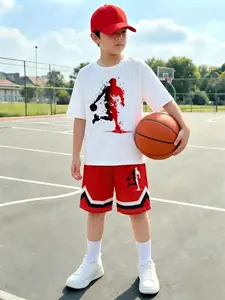 2pcs Set Tween Boy Colorblock Basketball Graphic Print Short Sleeve T-Shirt And Shorts, Sporty Streetwear Outfit For Boys, Suitable For Casual And Sports Occasions In Summer