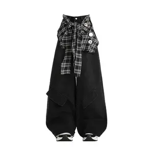 Women Black Gothic Y2k Oversize Cargo Jeans Pants with Wrap Skirt Harajuku Vintage Emo Japanese 2000s Style Baggy Denim Trousers