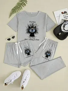 Women's Cartoon Cat Print Pajama Set, 3 Piece Sleepwear Collection, Casual Fitted Nightwear for All Seasons, Loungewear