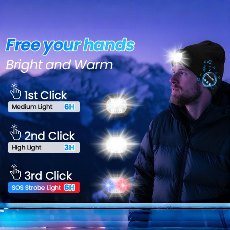 Music and dance style white light borderless cap，LED Beanie with Light, Unisex Rechargeable Flashlight Beanie Hat with Wireless Headphones, Unique Christmas Birthday Gifts for Men Women Black