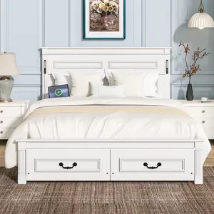 Queen Size Bed wood platform bed frame with Tall-Panel Headboard & Footboard, 2 Storage Drawers, for teenagers Built-in LED Lights, USB Charging Station, Pinewood Bed with Strengthened ray bee room Bed set Frame