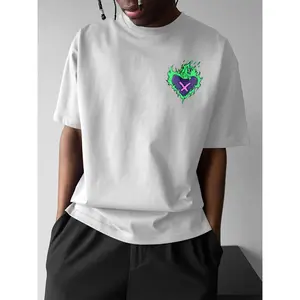 Men'S  Neon Green And Pink Lightning Pattern Print T-Shirt - Beige Street Style Tee Featuring a Lighter Flame Design, with a Slogan Print on The Back (Lighter/Love Fire), Comfortable Round Neck Short Sleeve Casual Summer Top