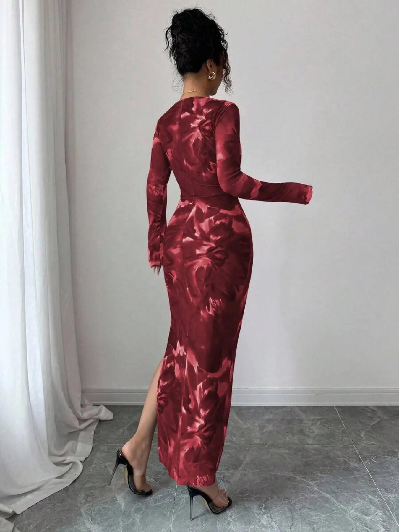 Women's Elastic Mesh Floral Bodycon Dress, Long Sleeve, Fashionable Women's Design, Cross Knot V Neck, Slim Fit with Slit, Elegant, Suitable for Daily Wear, Commuting, Dates, Parties, Chic, Formal Elegant Dress - Women's Elastic Mesh Floral Bodycon Dress, Long Sleeve, Fashionable Women's Design, Cross Knot V Neck, Slim Fit with Slit, Elegant, Suitable for Daily Wear, Commuting, Dates, Parties, Chic, Formal Elegant Dress -