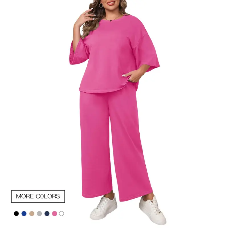 Women's Plus Size 2-Piece Cotton-Elastane Pajama Set - Women's Clothing Sets, 3/4 Sleeve Top, Wide Leg Pants, Minimalist Casual Loose Outfits for 2XL-3XL Everyday Comfy Loungewear
