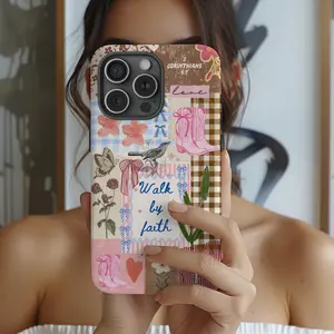 Walk By Faith Phone Case, Coquette Western Christian Gift, Bible Verse Floral Collage Cover, Girly Scripture Aesthetic iPhone Case