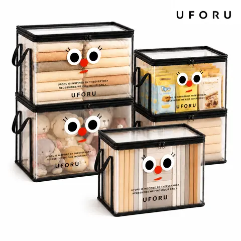 UFORU 2-Pack Foldable Rectangle Box Organiser - Transparent PVC Dust-Proof Zip Lid Foldable Storage Containers, 13.39x9.84x9.84in Portable Container Storage Solutions for Dorm Room