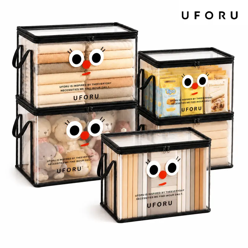 UFORU 2-Pack Foldable Rectangle Box Organiser - Transparent PVC Dust-Proof Zip Lid Foldable Storage Containers, 13.39x9.84x9.84in Portable Container Storage Solutions for Dorm Room
