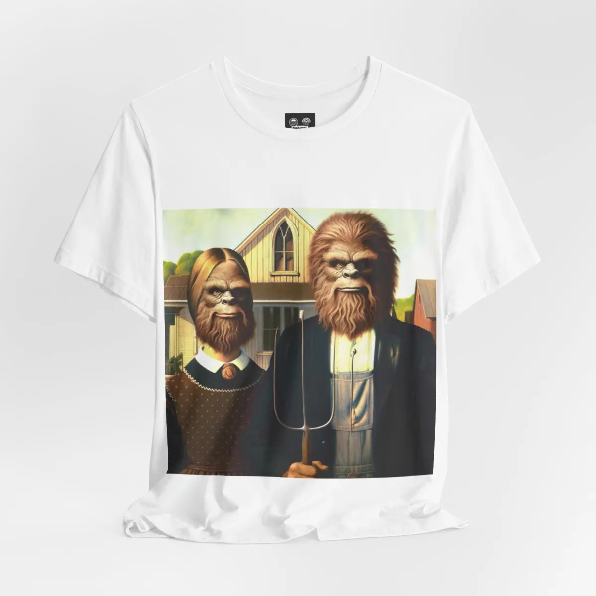 Squatch Gothic | American Gothic | Funny Bigfoot Tees | Art parody | Artsy Shirts | Sasquatch T-shirt | Unisex Men's Short Sleeve T-Shirt Crewneck Casual Cotton Soft Top