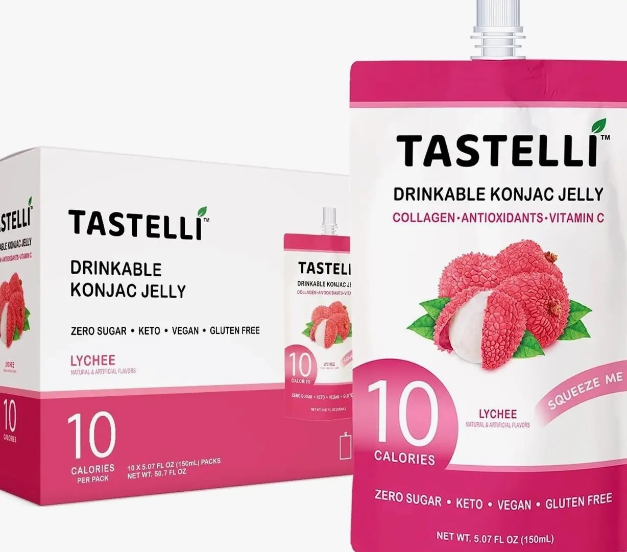 Tastelli Konjac Jelly Infused with Collagen Drink + Vitamin C + Antioxidants / 10 Calories, Vegan, Zero Sugar/Healthy Drinkable Dessert Pouch / (Lychee) - 150mL x 10 Pouches