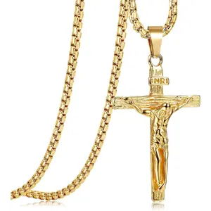 Cassieca Stainless Steel Jesus Cross Pendant Necklace for Men's Venice Chain 61cm Religious Jewelry Accessories Gift Gold Plated Crucifix