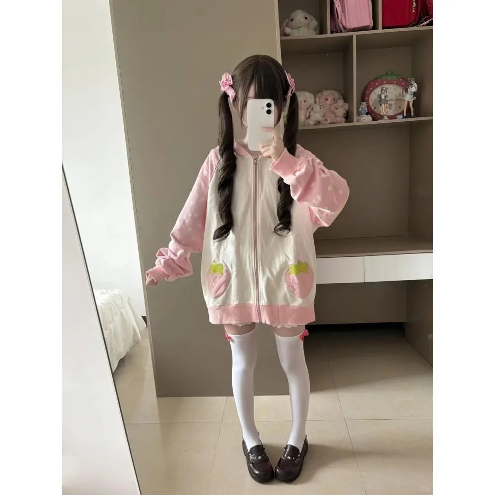 Japanese Sweet Kawaii Hooded Coat Women Cute Polka Dot Cute Patchwork Loose Cardigan New Fashion Design Lovely Clothing Autumn